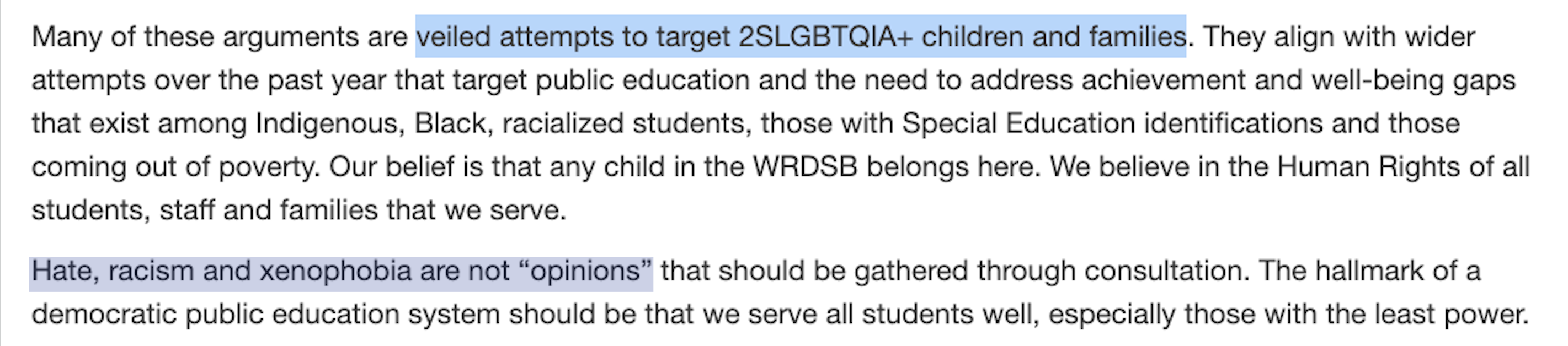 Excerpt from the WRDSB open letter responding to parent concerns